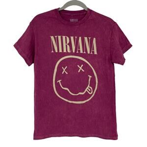 Officially Licensed Nirvana Nevermind Smiley Grunge Tee Magenta Acid Wash Small
